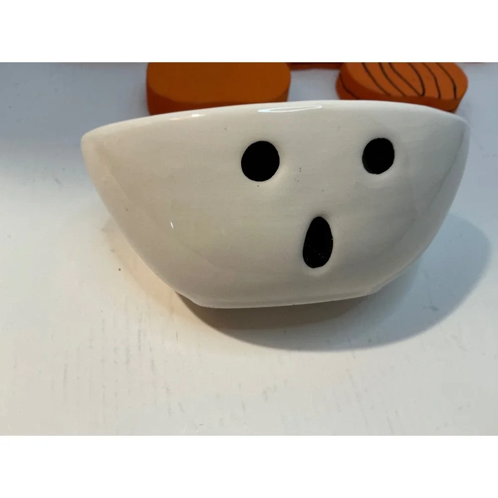 Mud Pie Ghost Candy Dish and Wooden Pumpkin Blocks Halloween Decor Set